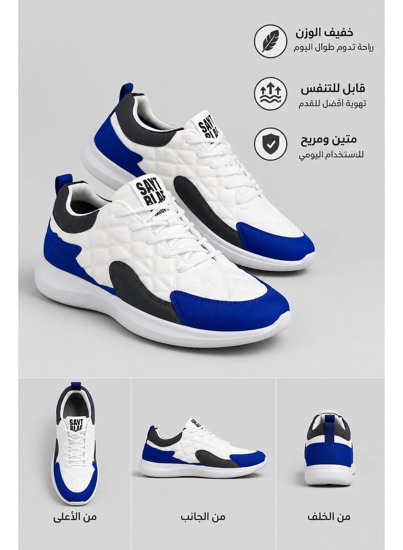 Amity Men's White Blue Color Block Quilted Lace-Up Walking Sneakers - Image 4