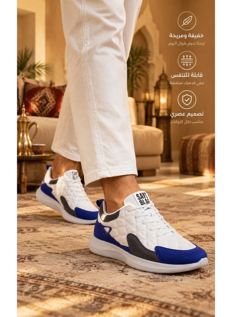 Amity Men's White Blue Color Block Quilted Lace-Up Walking Sneakers - Image 2