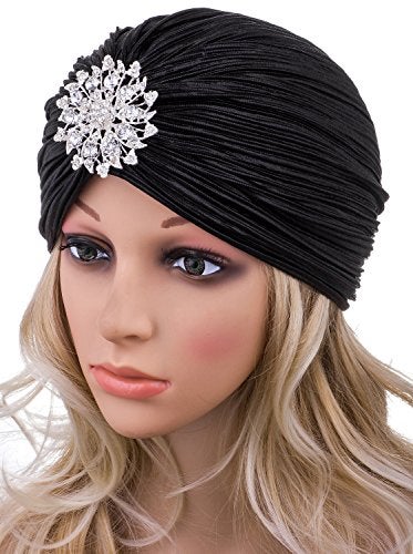Vijiv Women's Vintage Lurex Knit Turban Beanie Hats Headwraps for 1920s Cocktail Party Black - Image 2