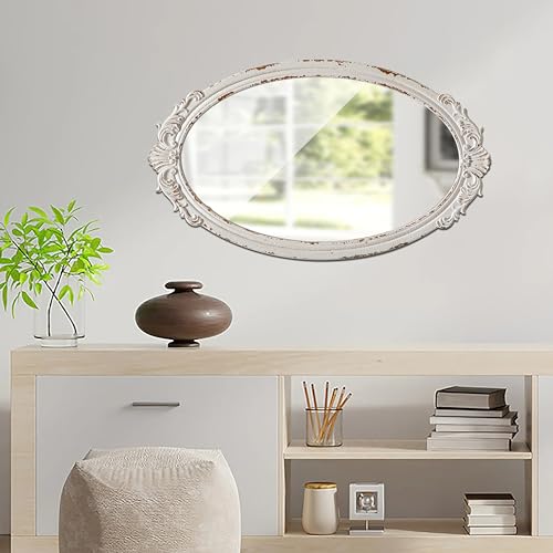 Sintosin Antique Arendahl Glam Ornate Oval Mirror 24" X 14", Hanging Distressed White Vintage Mirrors for Wall Decor Living Room, Wood Mirrors for Bathroom Entryway, Horizontal or Vertical - Image 5