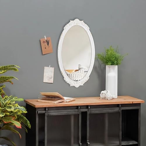 Sintosin Antique Arendahl Glam Ornate Oval Mirror 24" X 14", Hanging Distressed White Vintage Mirrors for Wall Decor Living Room, Wood Mirrors for Bathroom Entryway, Horizontal or Vertical - Image 4