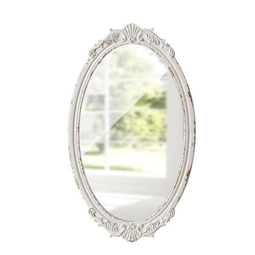 Sintosin Antique Arendahl Glam Ornate Oval Mirror 24" X 14", Hanging Distressed White Vintage Mirrors for Wall Decor Living Room, Wood Mirrors for Bathroom Entryway, Horizontal or Vertical - Image 1