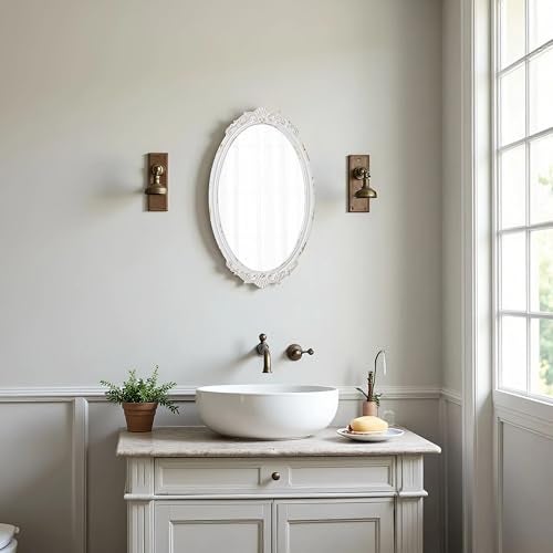 Sintosin Antique Arendahl Glam Ornate Oval Mirror 24" X 14", Hanging Distressed White Vintage Mirrors for Wall Decor Living Room, Wood Mirrors for Bathroom Entryway, Horizontal or Vertical - Image 3