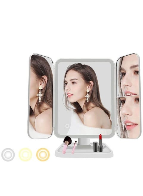 LED Makeup Mirror with 3 Color Lighting Modes, Tri-Fold Mirror, 52 LED Lights, 1x/2x/3x Magnification, Touch Control Design, Portable High Definition Lighted Cosmetic Mirror for Flawless Makeup Application in UAE