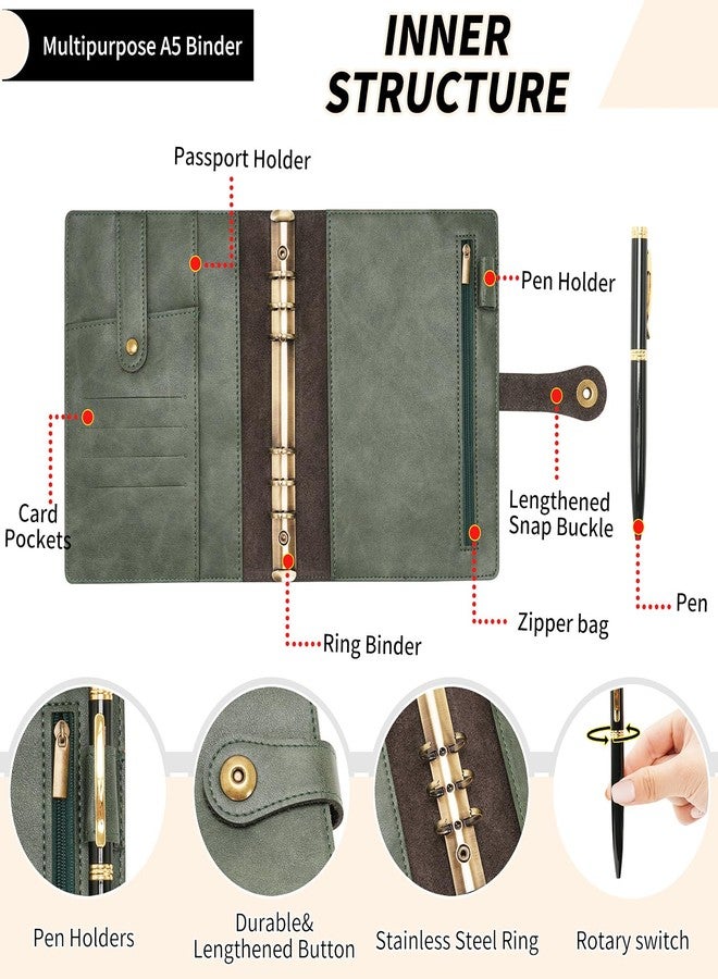 Wonderpool A5 Binder Journal Leather Spiral Notebook Refillable College Ruled Paper, Budget Binder Rings Diary Organizer with Pen for Office School Travel Business Planning Writing (Green,A5) - Image 5