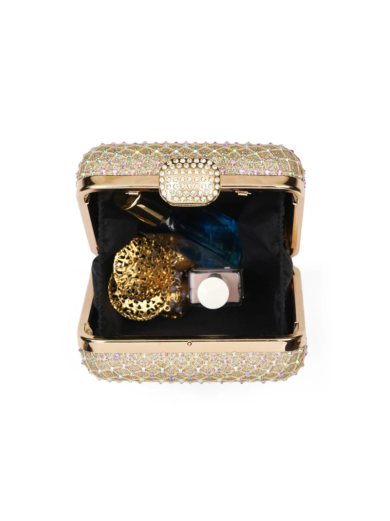 globus Globus Women Gold Embellished Square Party Clutch With Thick Wrist Strap & Detachable Chain Strap