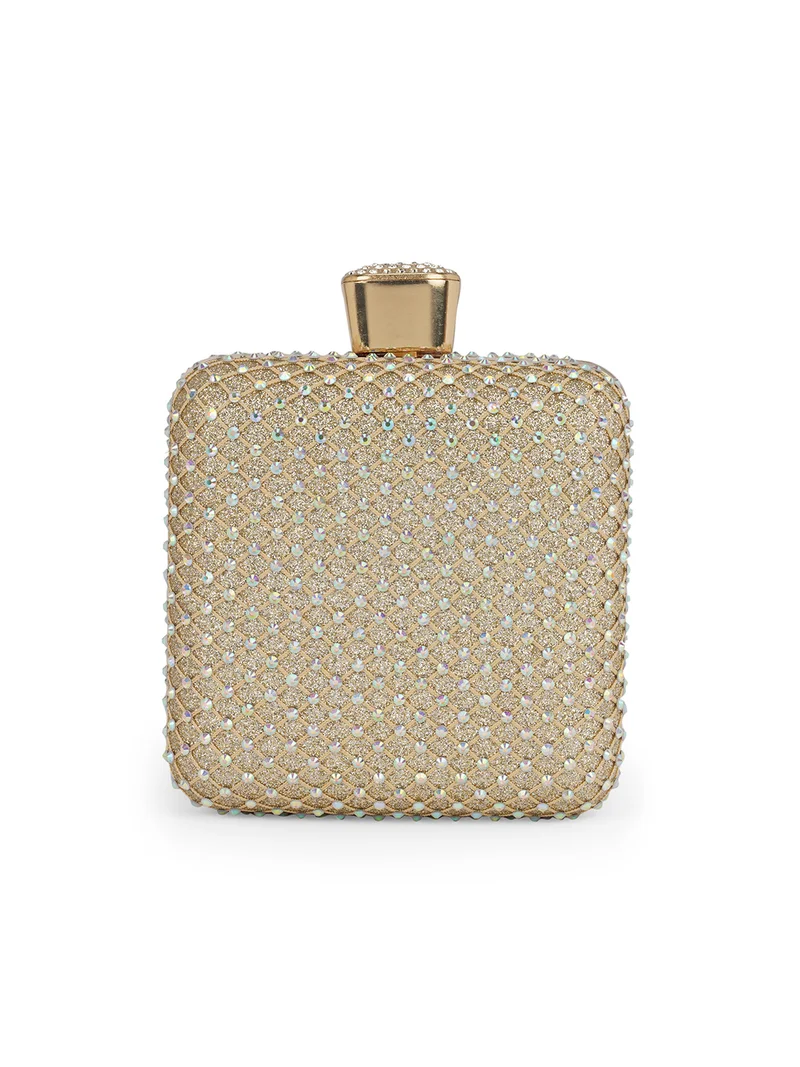 globus Globus Women Gold Embellished Square Party Clutch With Thick Wrist Strap & Detachable Chain Strap