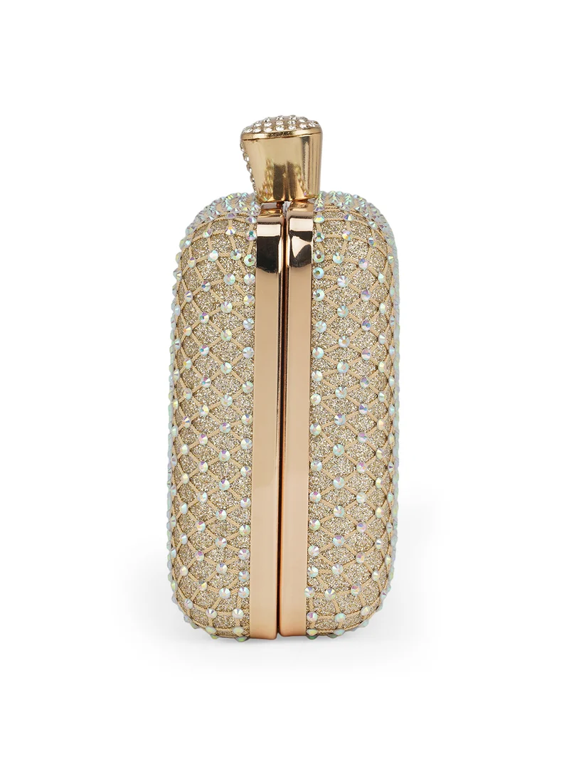 globus Globus Women Gold Embellished Square Party Clutch With Thick Wrist Strap & Detachable Chain Strap