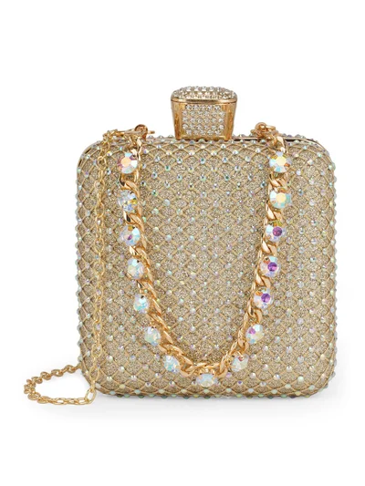 globus Globus Women Gold Embellished Square Party Clutch With Thick Wrist Strap & Detachable Chain Strap