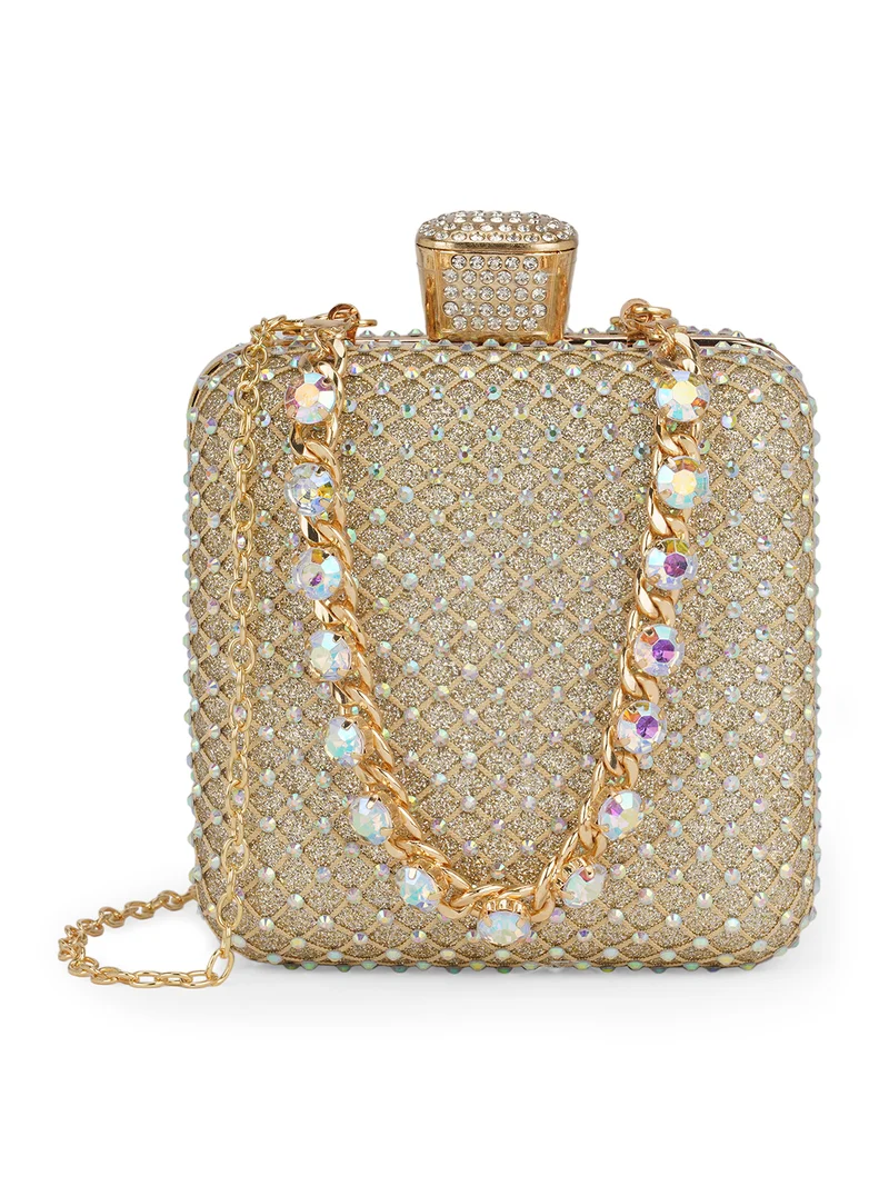 جلو باص حقيبة يد نسائية ذهبية مزينة مربعة للحفلات بحزام معصم سميك وحزام كتف قابل للفصل