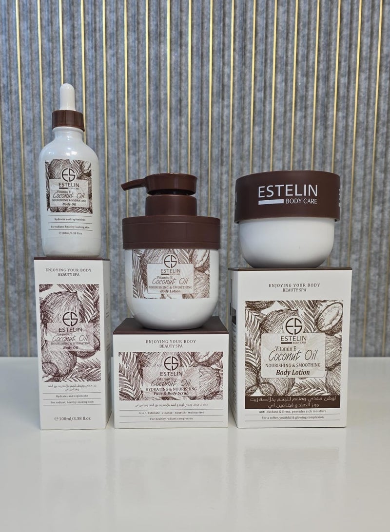 إستيلين مجموعة العناية بالجسم بجوز الهند – 3 قطع (100مل + 300مل + 250مل) لعناية متكاملة وترطيب يدوم - Image 1