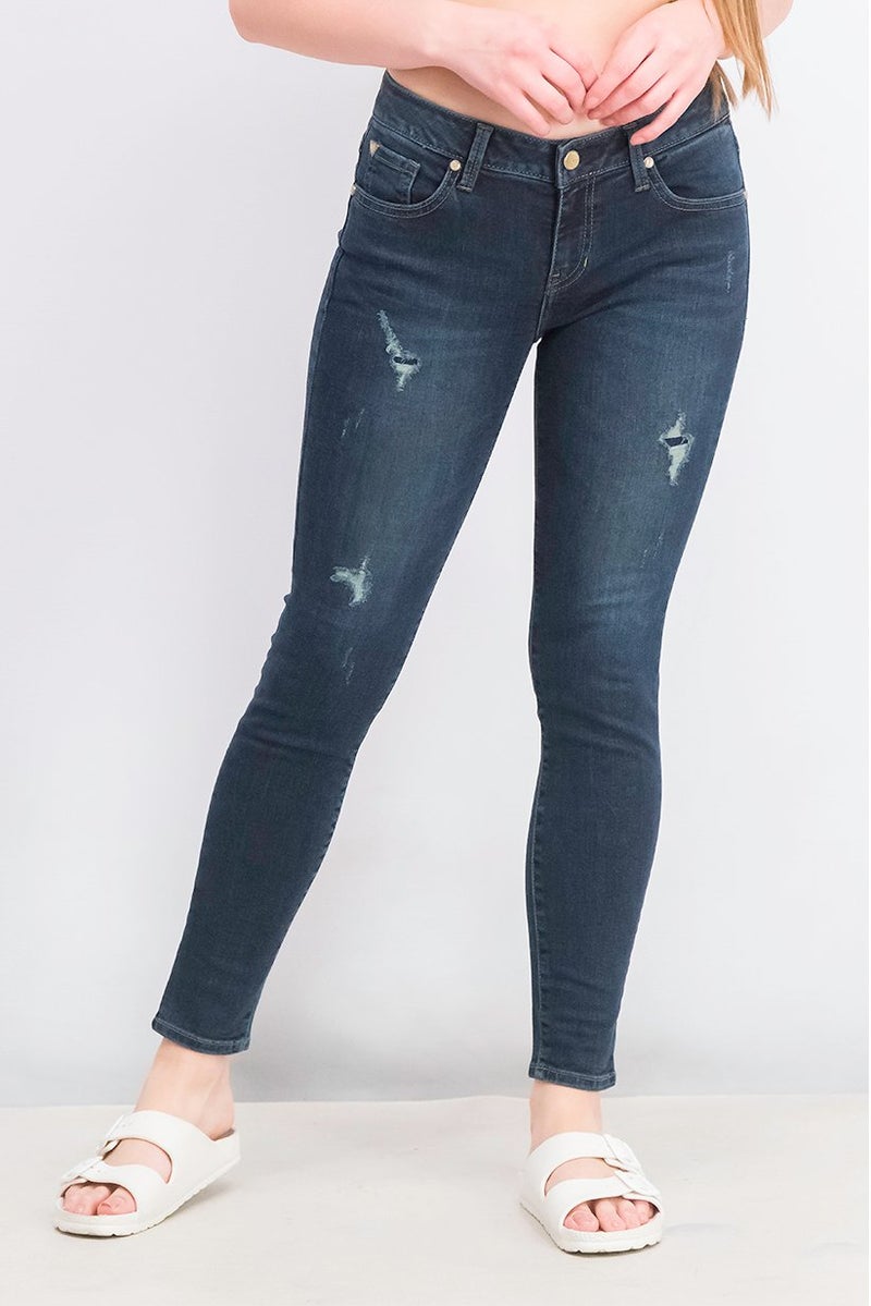 GUESS Women Skinny Fit Dark Wash Rip Non,Stretchable Denim Jeans, Navy - Image 1
