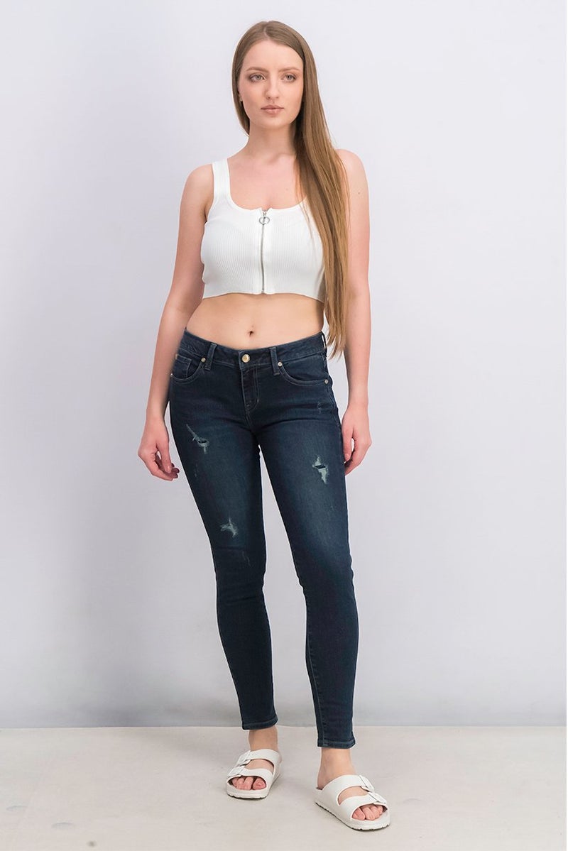 GUESS Women Skinny Fit Dark Wash Rip Non,Stretchable Denim Jeans, Navy - Image 4