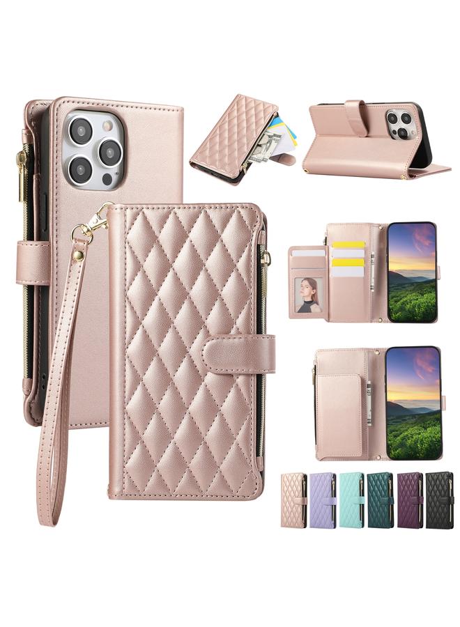 S-TOP Case For iPhone 14 Pro Rhombic Zipper Wallet Leather Phone Case - Image 1