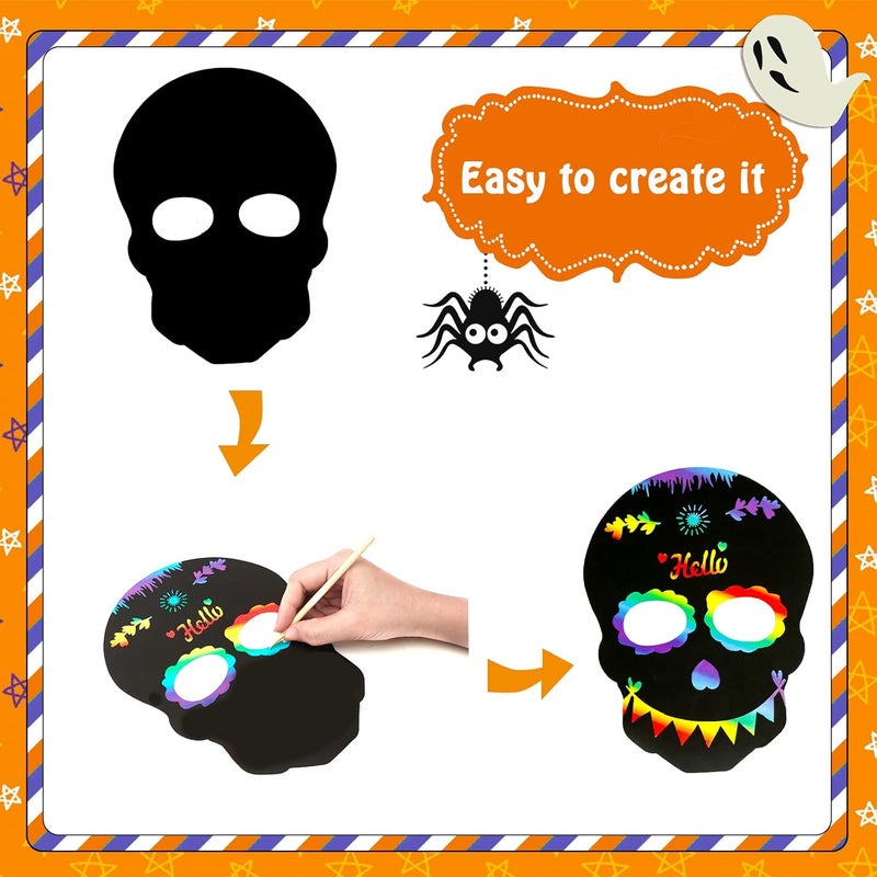 MGparty Halloween Crafts 42PCS Halloween Rainbow Scratch Mask Magic Scratch Paper Art for Kids Birthday Classroom Decoration Party Favors Gifts Party Games Projects Kits - Image 3
