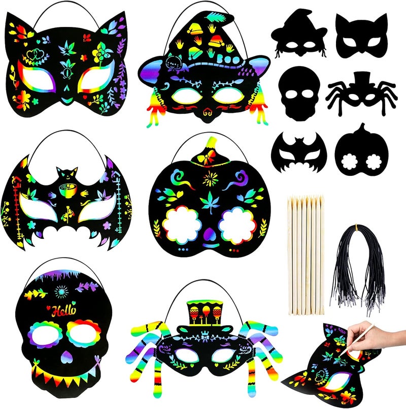 MGparty Halloween Crafts 42PCS Halloween Rainbow Scratch Mask Magic Scratch Paper Art for Kids Birthday Classroom Decoration Party Favors Gifts Party Games Projects Kits - Image 1