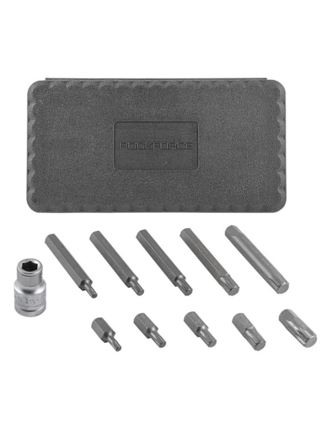 ROCKFORCE Set of bits spline with bit holder, 11pcs 1/2" (l:30/75mm; m5, m6, m8, m10, m12), in a metal case - Image 1