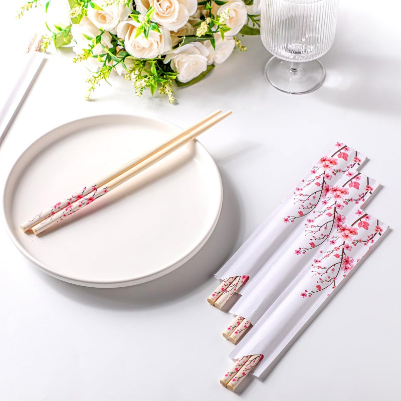 Suttmin 50 Pairs Cherry Blossom Chopsticks Bulk with Sleeved Blue Flower Disposable Bamboo Eucalyptus Chopsticks Wedding Favors Chinese Japanese Food Supply for Takeout Picnic(Cherry) - Image 4