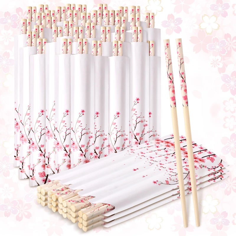 Suttmin 50 Pairs Cherry Blossom Chopsticks Bulk with Sleeved Blue Flower Disposable Bamboo Eucalyptus Chopsticks Wedding Favors Chinese Japanese Food Supply for Takeout Picnic(Cherry) - Image 1