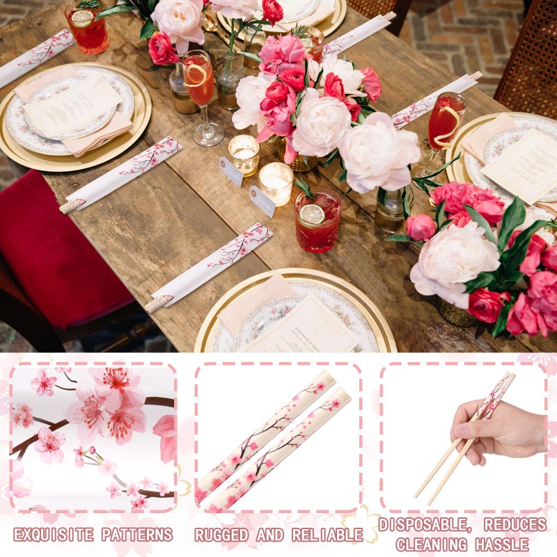 Suttmin 50 Pairs Cherry Blossom Chopsticks Bulk with Sleeved Blue Flower Disposable Bamboo Eucalyptus Chopsticks Wedding Favors Chinese Japanese Food Supply for Takeout Picnic(Cherry) - Image 3