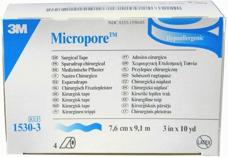 3M شريط جراحي ميكروبور أبيض 3 بوصات × 10 ياردات - 4 لفات