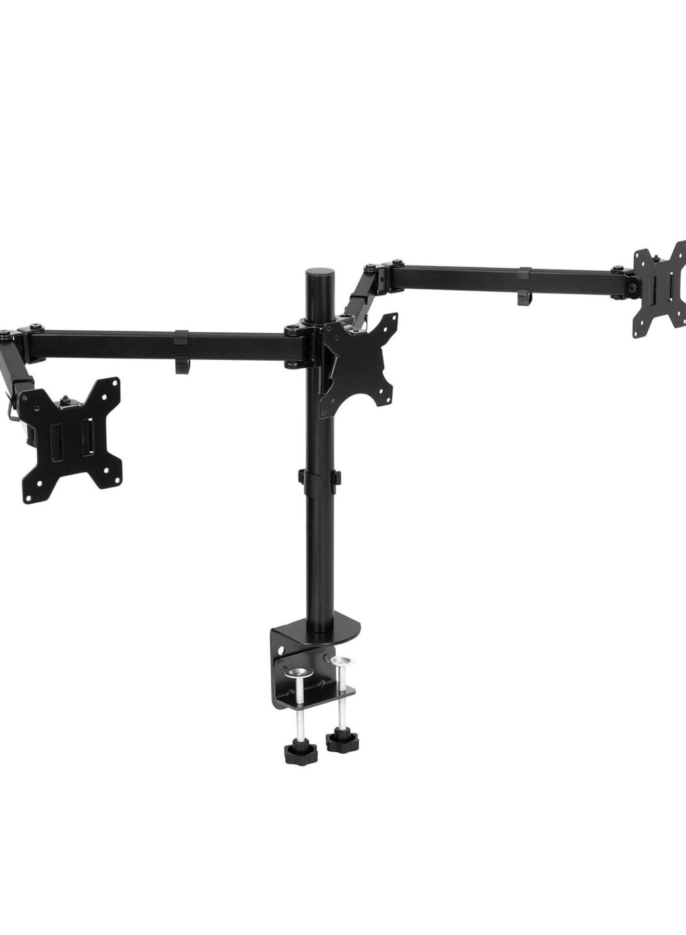 Triple Monitor Desk Mount Adjustable 3-Screen Stand with Clamp and Grommet Base Fits 13" to 24" Flat or Curved Monitors Full Motion Arms with Tilt, Swivel, and Rotation Space-Saving Ergonomic Setup for Office or Gaming Use