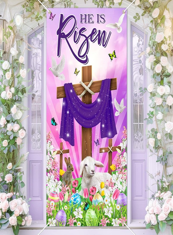 Lecheme He Is Risen Banner 6x3 ft Purple Religious Cross Easter Door Cover Lily Bunny He Has Risen Backdrop Christian Door Decorations Photo Props - Image 1