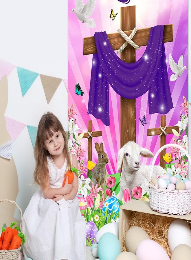 Lecheme He Is Risen Banner 6x3 ft Purple Religious Cross Easter Door Cover Lily Bunny He Has Risen Backdrop Christian Door Decorations Photo Props - Image 4