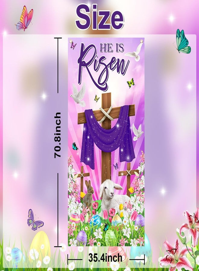 Lecheme He Is Risen Banner 6x3 ft Purple Religious Cross Easter Door Cover Lily Bunny He Has Risen Backdrop Christian Door Decorations Photo Props - Image 2