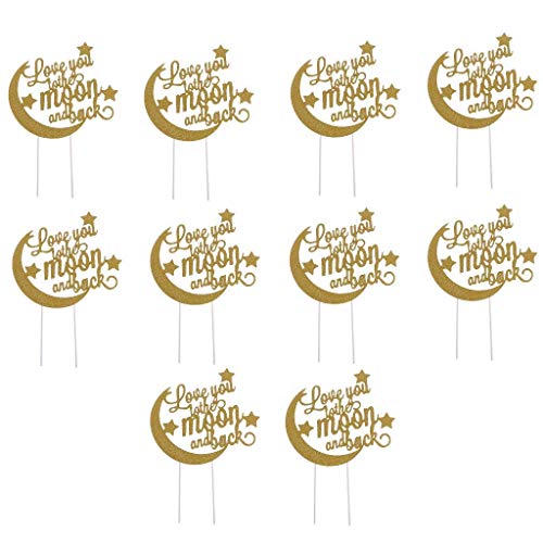 KODORIA Wedding Cake Topper Love You To The Moon and Back Cupcake Toppers Toothpicks Dessert Cake Decor for Weddings Engagement Birthday Party Golden - Image 1