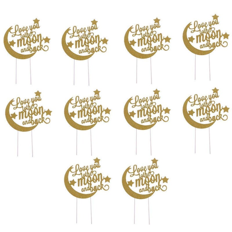 KODORIA Wedding Cake Topper Love You To The Moon and Back Cupcake Toppers Toothpicks Dessert Cake Decor for Weddings Engagement Birthday Party Golden - Image 4