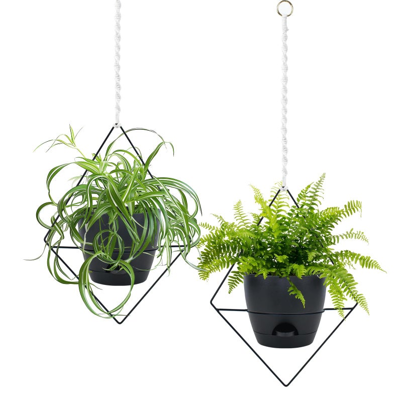 Koalaime Hanging Planters for Indoor Plants 2 Set Self Watering Hanging Flower Pots Modern Hanging Plant Baskets with Metal Plant Holder 65 Inch Plastic Pots for Garden Home Decor Black - Image 2