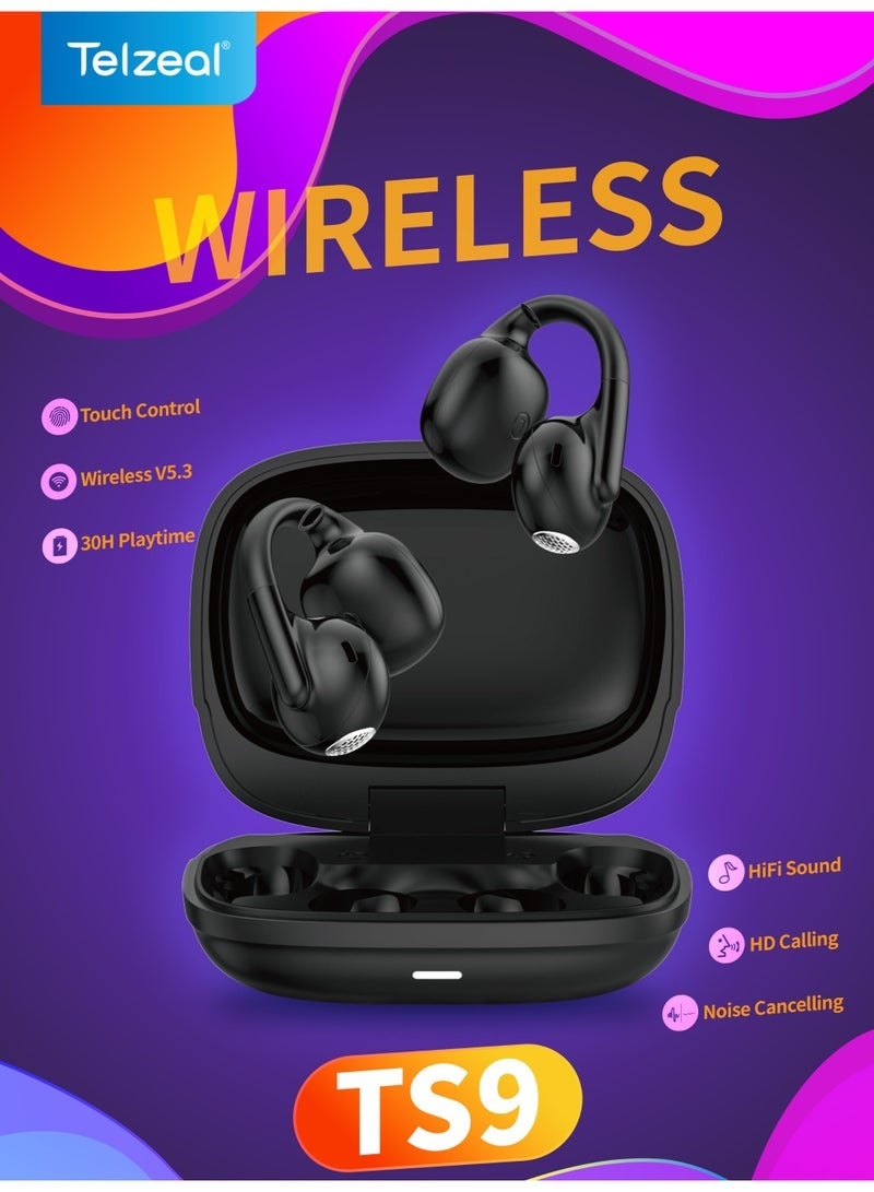 تلزيل TS9 Wireless Open Earbuds | 24H Playtime Bluetooth Headset with AI Noise Cancelling Dual Mic | HD Stereo Sound, Comfortable Secure Fit, Fast Charging Case – Black - Image 2