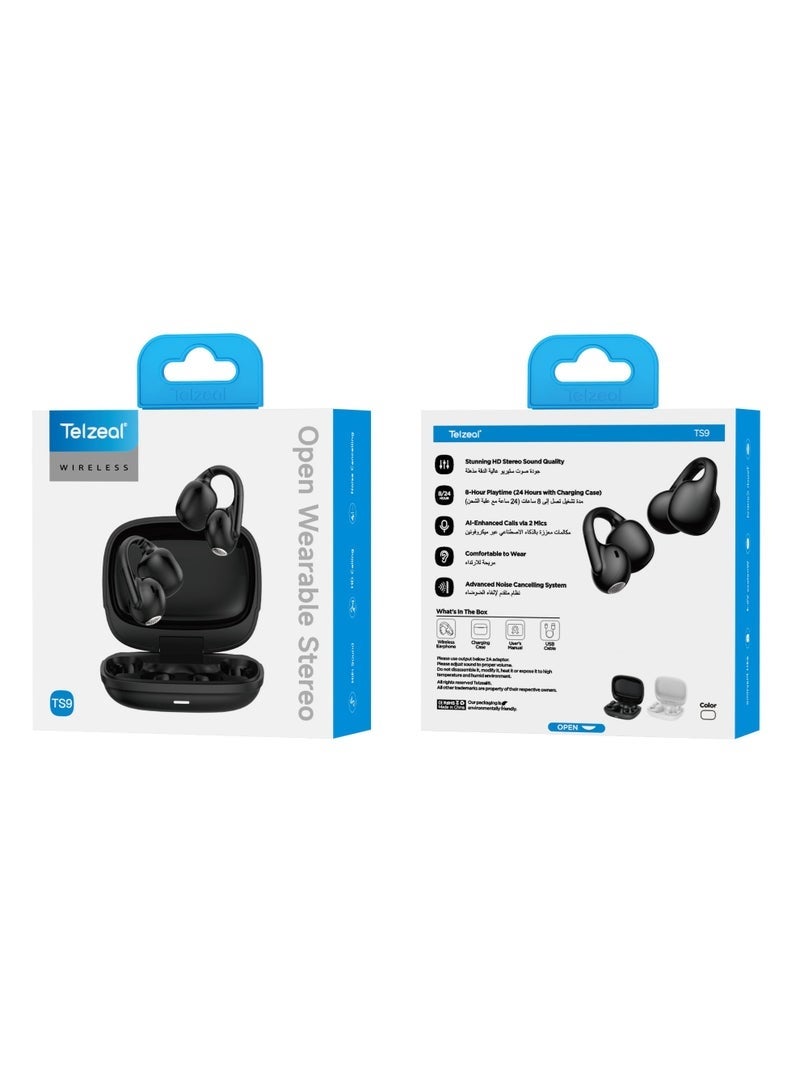 تلزيل TS9 Wireless Open Earbuds | 24H Playtime Bluetooth Headset with AI Noise Cancelling Dual Mic | HD Stereo Sound, Comfortable Secure Fit, Fast Charging Case – Black - Image 4