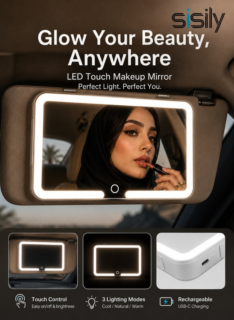 Sisily Car Vanity Mirror With 3 Adjustable Light Modes, 45 LED Beads, USB Rechargeable ABS Sun Visor Makeup Mirror 24.2 x 12 x 1.5 cm For Travel And Daily Driving - Image 1