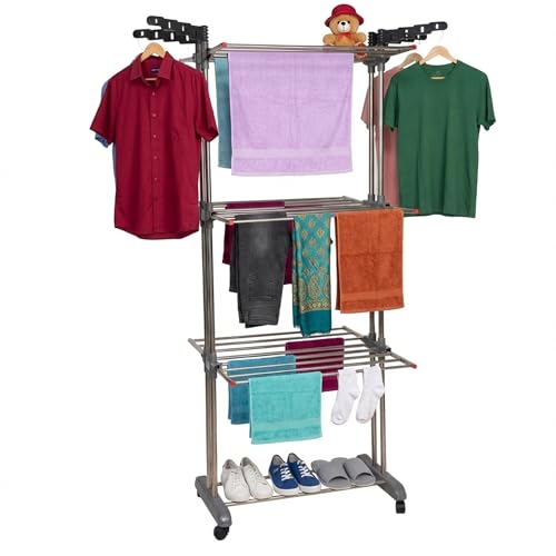 GADDA CO Stainless Steel Double Pole 3 Layer Cloth Drying Stand with Hanger |Heavy Duty Rust-Proof Steel Clothes Drying Rack | Foldable Laundry Stand for Indoor & Outdoor Use | Grey -71 x 31 x 17 Inch - Image 1