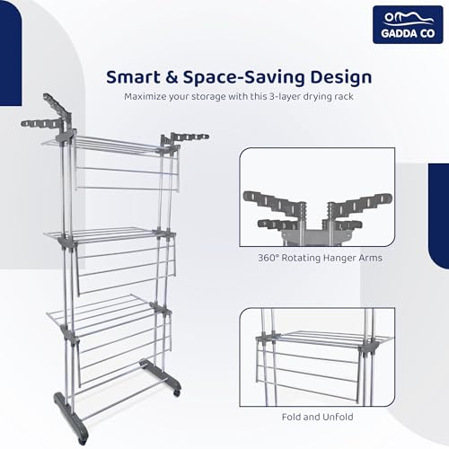 GADDA CO Stainless Steel Double Pole 3 Layer Cloth Drying Stand with Hanger |Heavy Duty Rust-Proof Steel Clothes Drying Rack | Foldable Laundry Stand for Indoor & Outdoor Use | Grey -71 x 31 x 17 Inch - Image 2