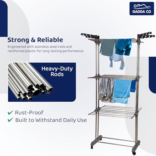 GADDA CO Stainless Steel Double Pole 3 Layer Cloth Drying Stand with Hanger |Heavy Duty Rust-Proof Steel Clothes Drying Rack | Foldable Laundry Stand for Indoor & Outdoor Use | Grey -71 x 31 x 17 Inch - Image 3