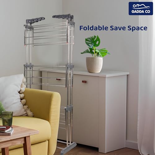 GADDA CO Stainless Steel Double Pole 3 Layer Cloth Drying Stand with Hanger |Heavy Duty Rust-Proof Steel Clothes Drying Rack | Foldable Laundry Stand for Indoor & Outdoor Use | Grey -71 x 31 x 17 Inch - Image 5
