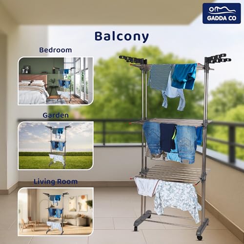 GADDA CO Stainless Steel Double Pole 3 Layer Cloth Drying Stand with Hanger |Heavy Duty Rust-Proof Steel Clothes Drying Rack | Foldable Laundry Stand for Indoor & Outdoor Use | Grey -71 x 31 x 17 Inch - Image 4
