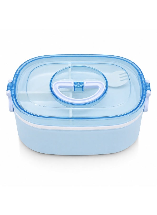 4-Compartment Double-Layer Lunch Box, BPA-Free School Food Container with Transparent Lid, Carry Handle and Spork, Microwave Safe Without Lid- Light Blue - Image 1