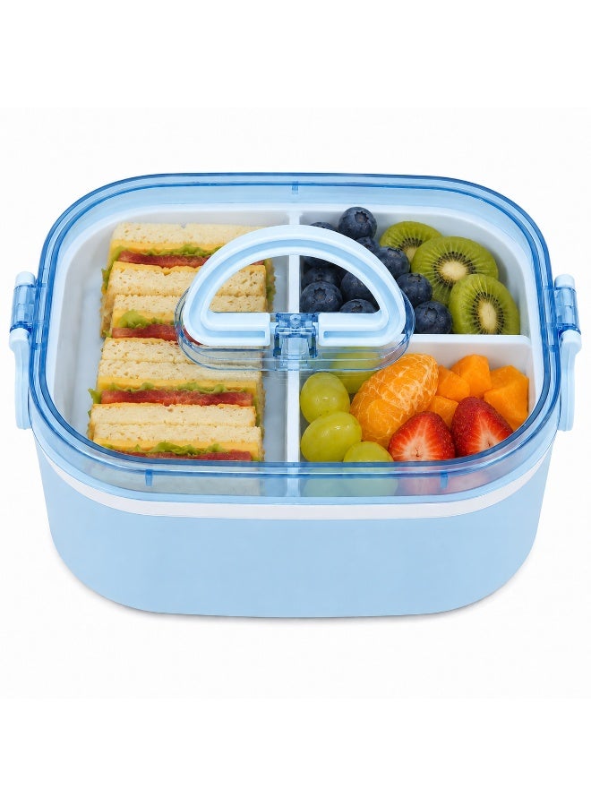 4-Compartment Double-Layer Lunch Box, BPA-Free School Food Container with Transparent Lid, Carry Handle and Spork, Microwave Safe Without Lid- Light Blue - Image 4