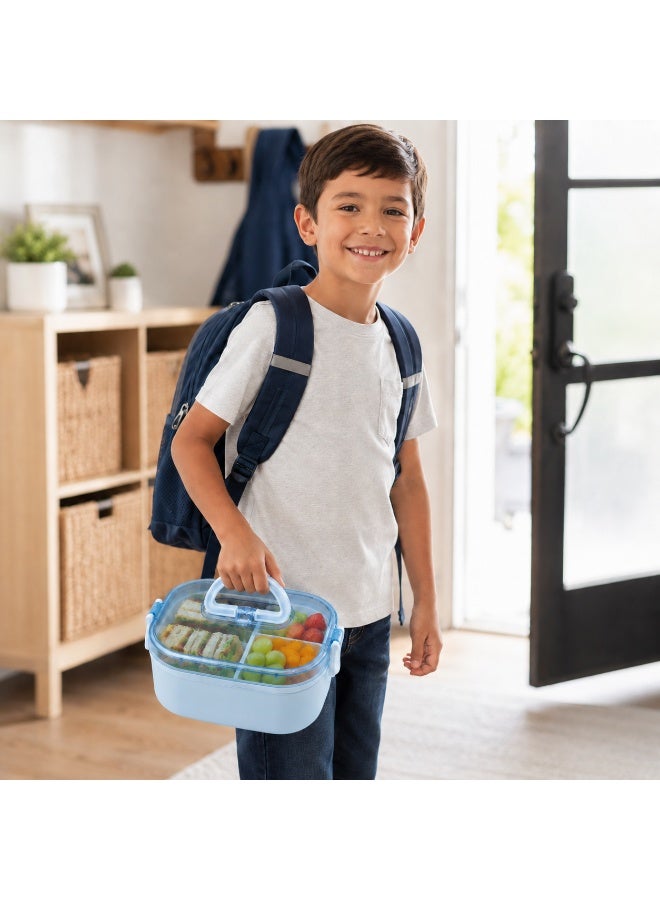 4-Compartment Double-Layer Lunch Box, BPA-Free School Food Container with Transparent Lid, Carry Handle and Spork, Microwave Safe Without Lid- Light Blue - Image 5