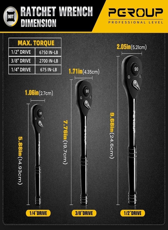 pgroup 3-Piece 90 Tooth Ratchet Wrench Set, 1/4”, 3/8”, 1/2” Drive Reversible Ratchets, 4-Degree Swing, Ergonomic Handle, Chrome Alloy Made, Quick Release Ratchet Wrenches for Repairing, Home, DIY - Image 2