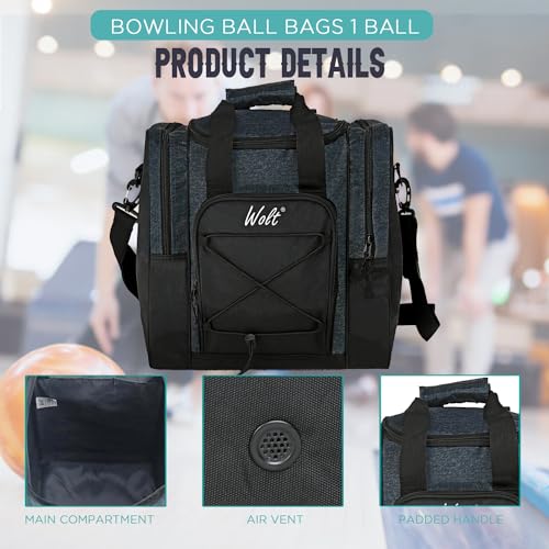 WOLT Bowling Ball Bag for Single Ball -Bowling Bag with Padded Holder, 2 Pockets Fit Shoes Up to Mens Size 14 and Accessories(GREY) - Image 3