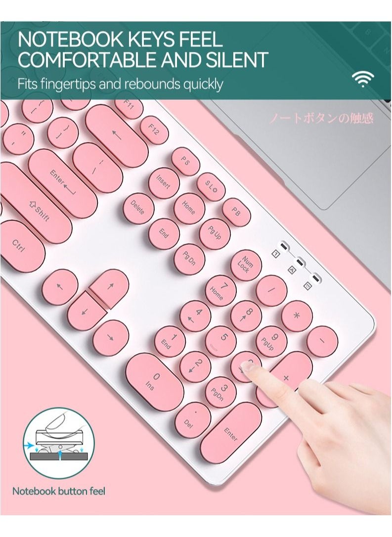 T-WOLF - 2.4G Wireless Keyboard Mouse Combo Retro Punk Round Keycap Comfortable Mute Typing Wide Compatibility Pink - Image 1