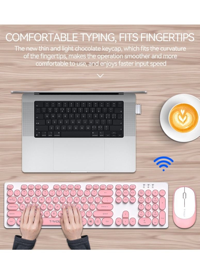 T-WOLF - 2.4G Wireless Keyboard Mouse Combo Retro Punk Round Keycap Comfortable Mute Typing Wide Compatibility Pink - Image 1