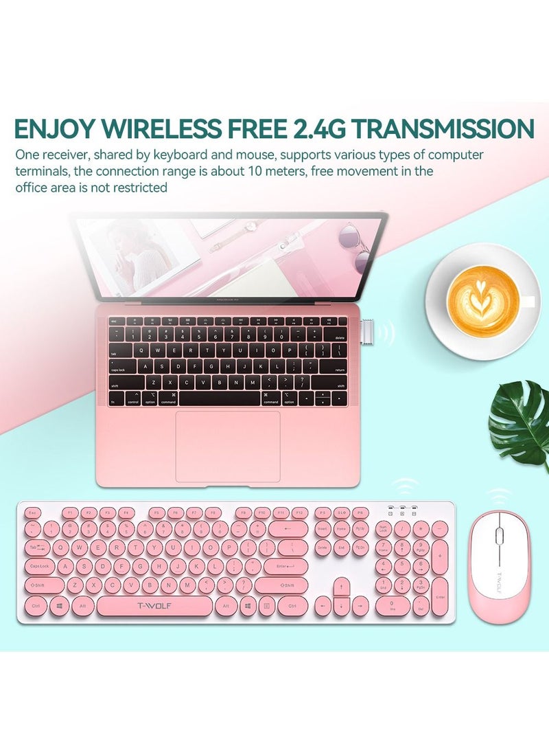 T-WOLF - 2.4G Wireless Keyboard Mouse Combo Retro Punk Round Keycap Comfortable Mute Typing Wide Compatibility Pink - Image 1