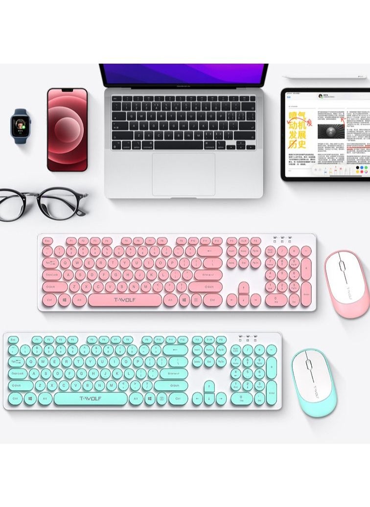 T-WOLF - 2.4G Wireless Keyboard Mouse Combo Retro Punk Round Keycap Comfortable Mute Typing Wide Compatibility Pink - Image 1