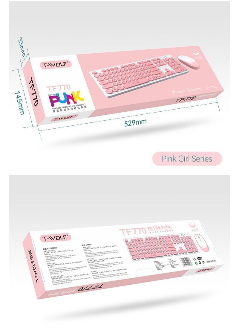 T-WOLF - 2.4G Wireless Keyboard Mouse Combo Retro Punk Round Keycap Comfortable Mute Typing Wide Compatibility Pink - Image 1